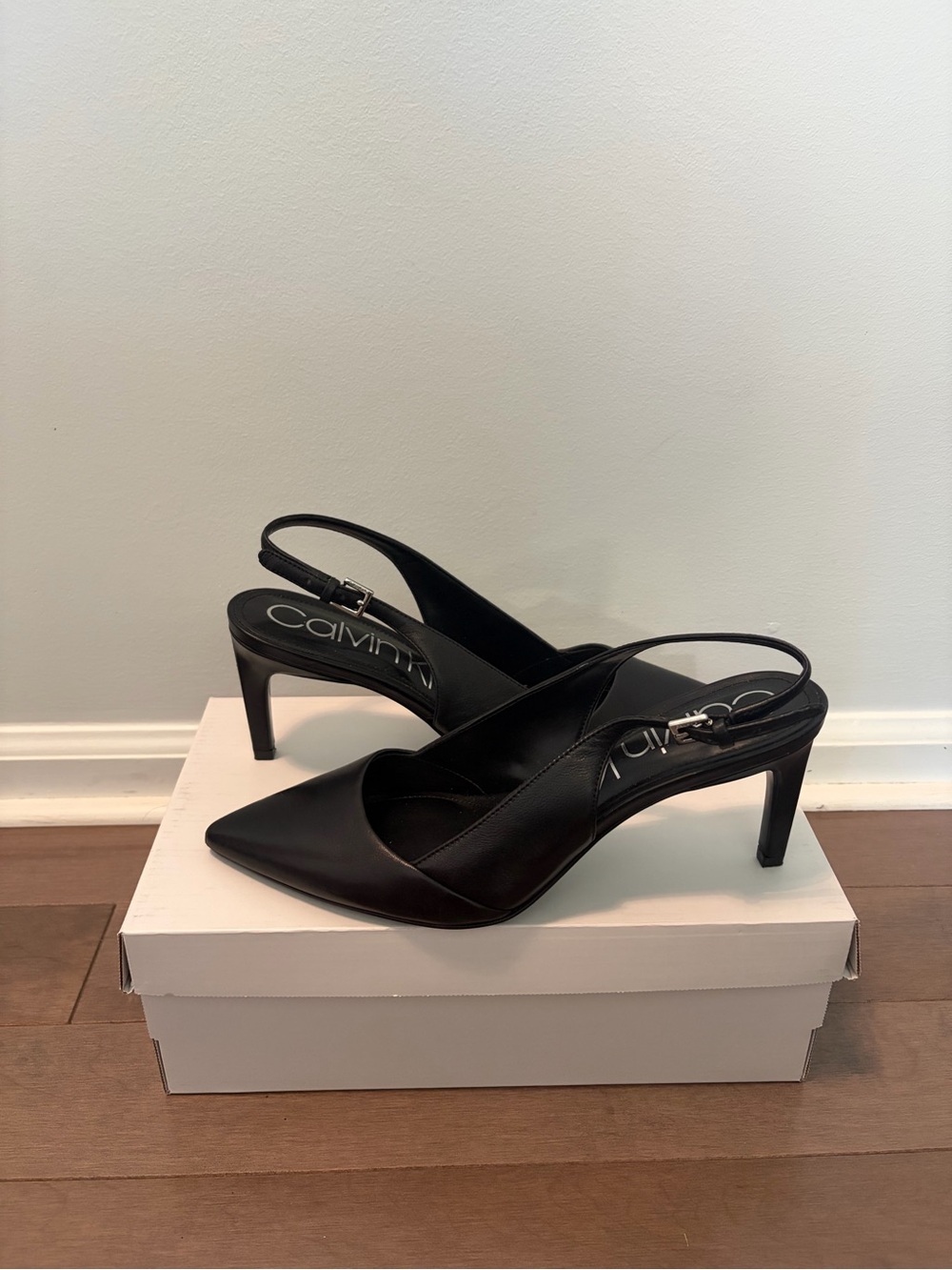 Calvin Klein Black Leather Pointed Slingback Heels